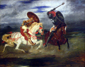 דו-קרב בין אבירים המצוידים בשריון לוחות. ציור מאת אז'ן דלקרואה. האבירים היו מעמד של פרשים-לוחמים-אצילים באירופה של ימי הביניים